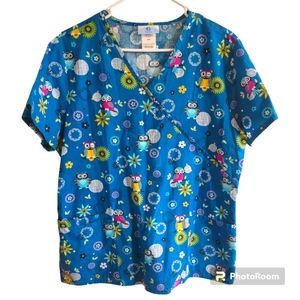 Owls & Flowers! *Large* Almost New Scrub Top by SB Scrubs Medical Nurse Uniform